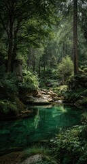 Verdant forest stream reflecting the canopy
