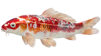 A close up view of a beautiful red and white fish swimming gracefully in clear blue water.