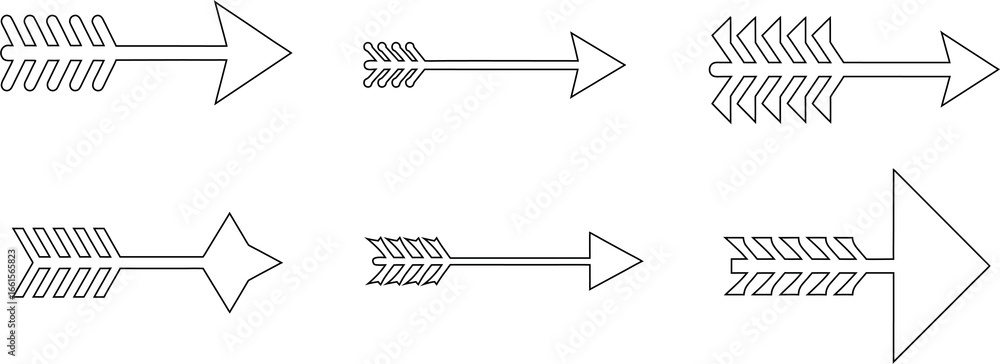 Poster set of outlined arrow icons in vector format. perfect for fantasy games, hunting, or combat graphics