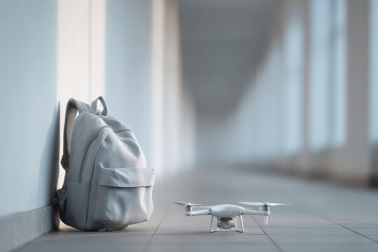 small drone with integrated camera is securely placed inside student backpack enhancing sense of safety for