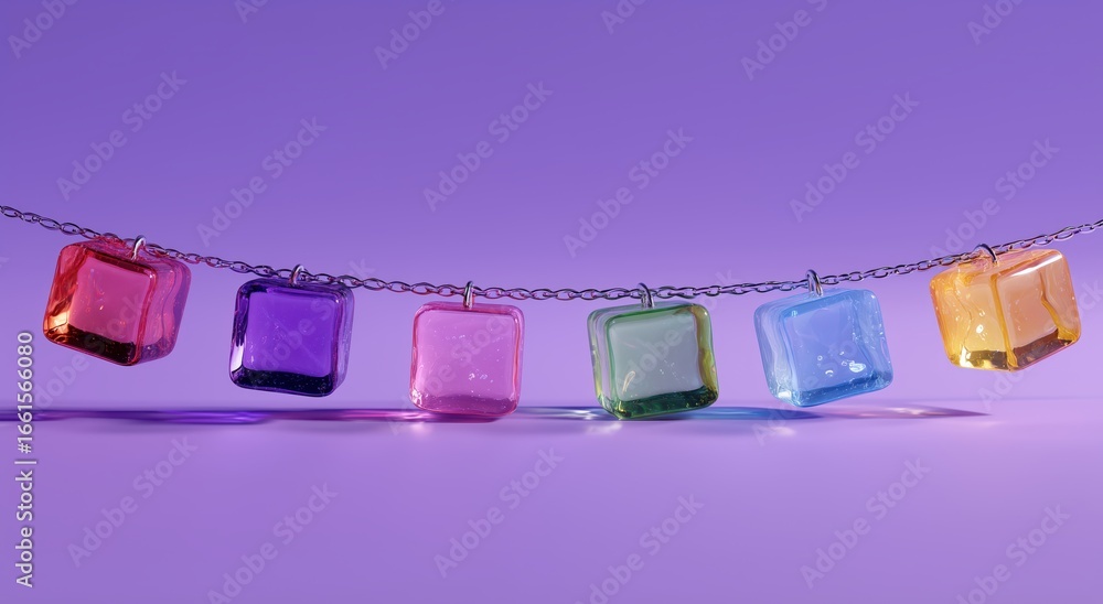 Poster colorful cubes on chain: an abstract display of six translucent, vibrant-colored cubes, linked by a 