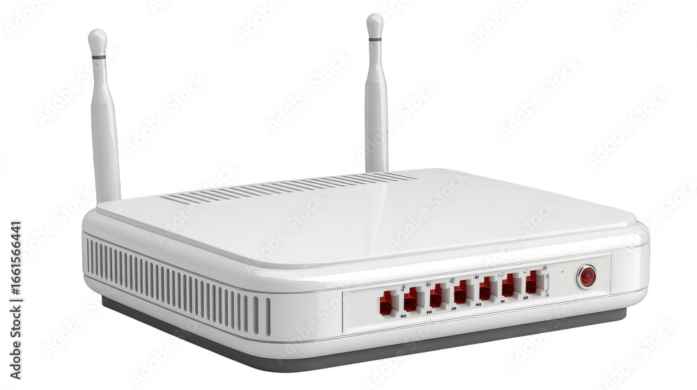 Poster a white wireless network router on a clean background for seamless connectivity.