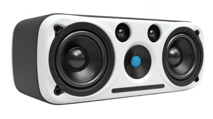 Modern minimalist audio equipment setup with a stylish white speaker centered between two black speakers representing high fidelity sound technology and contemporary interior design aesthetics