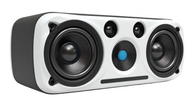 Modern minimalist audio equipment setup with a stylish white speaker centered between two black speakers representing high fidelity sound technology and contemporary interior design aesthetics