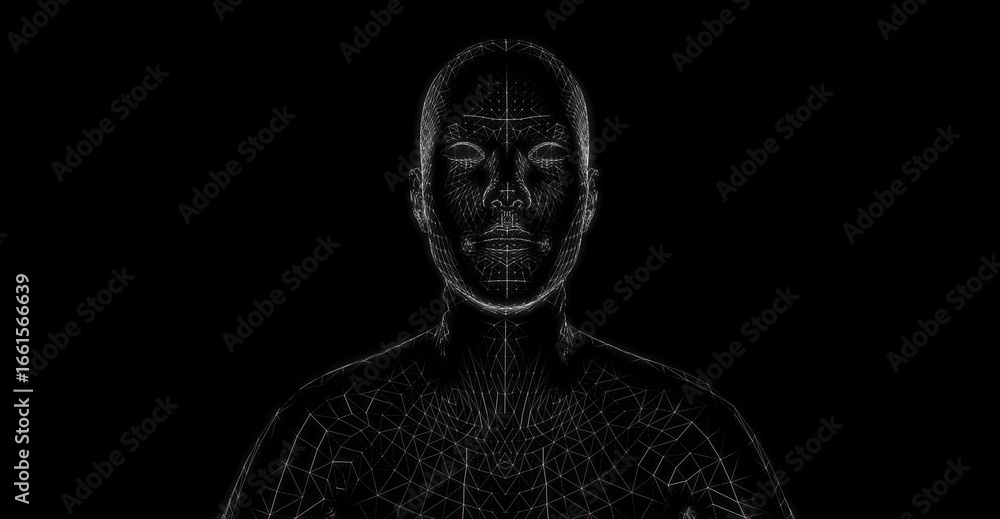 Poster a stylized human figure rendered in glowing lines against a black background, emphasizing the skelet
