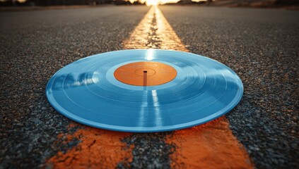 A light blue vinyl record lies on a road, between two orange lines, at sunset
