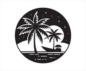 Fototapeta premium Black and White Tropical Island Getaway with Palm Trees and Moonlit Sky in Circular Frame Vector Illustration