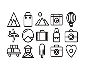 Black and white vector icon set representing tourism travel and adventure related elements isolated on white background for graphic design