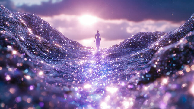 Surreal fantasy scene of Krishna walking across a shimmering cosmic river