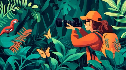 Woman photographer in lush tropical jungle