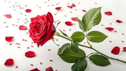 Red rose isolated at 45 degree angle with green leaves and falling petals, gradient white background floral art"