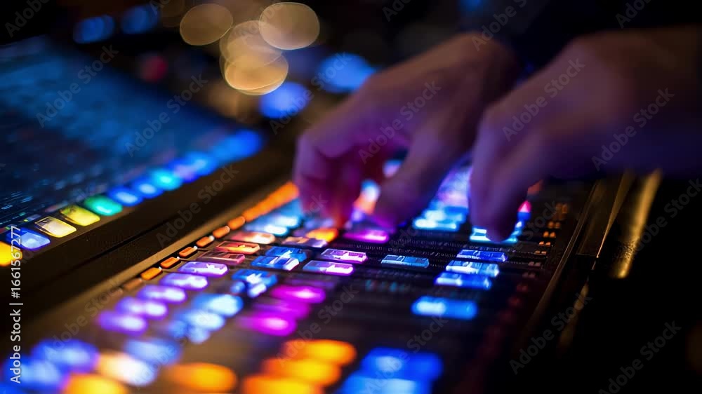 Poster closeup of hands finetuning lighting console sliders and buttons coordinating complex light sequence