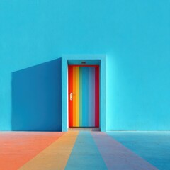 A vibrant rainbow door set against a backdrop of a bright blue wall, with a colorful pathway leading to it