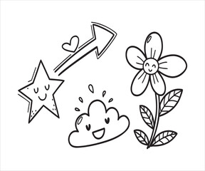 Cheerful Hand Drawn Doodle Illustration Featuring Star Flower Cloud and Arrow Design for Kids and Creative Projects