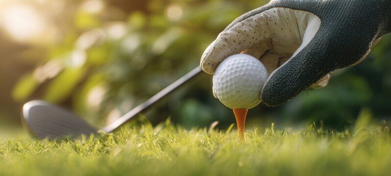 The golfer placing a golf ball on a tee in a lush green landscape.