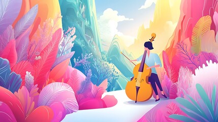 Woman playing double bass in a colorful fantasy landscape
