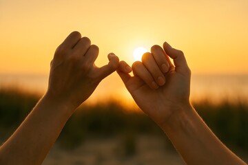 Pinky promise hands friendship agreement trust commitment relationship love sunset background concept image