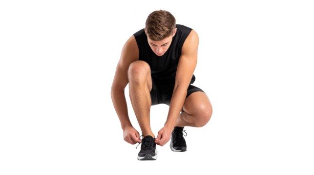 Detailed close up shot of a man's hands carefully lacing up and tying a knot on his athletic sneaker preparing for a run or a daily walk outdoors.