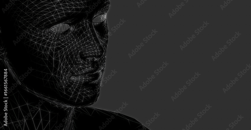 Poster an abstract portrait of a person's face is composed of wireframe lines, suggesting an inner complexi