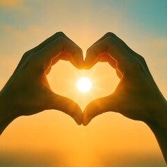 Hands making heart shape at sunset golden hour love symbol romantic gesture sunlight bright sky peace hope