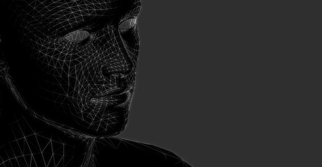 Obraz premium An abstract portrait of a person's face is composed of wireframe lines, suggesting an inner complexity and a digital representation of identity