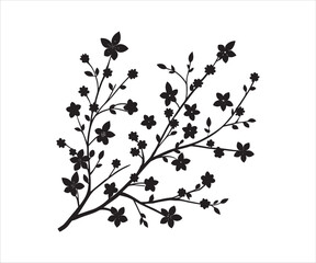 Elegant Black and White Floral Silhouette Design with Blooming Cherry Blossoms and Delicate Branches Perfect for Invitations and Creative Projects
