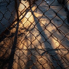 Sunlight casts long shadows through a metal fence
