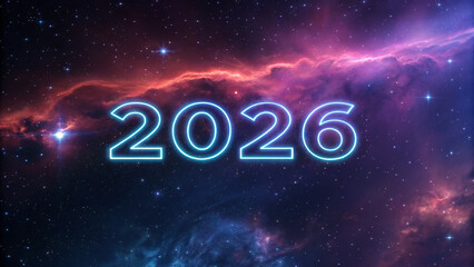 Bright neon 2026 numerals glow against a vibrant cosmic nebula and starry expanse