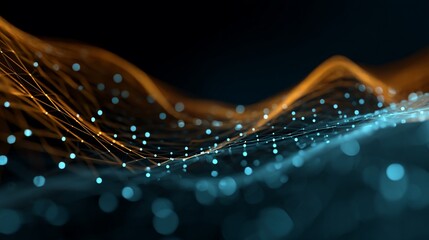 Abstract digital wave of orange and teal lines and points