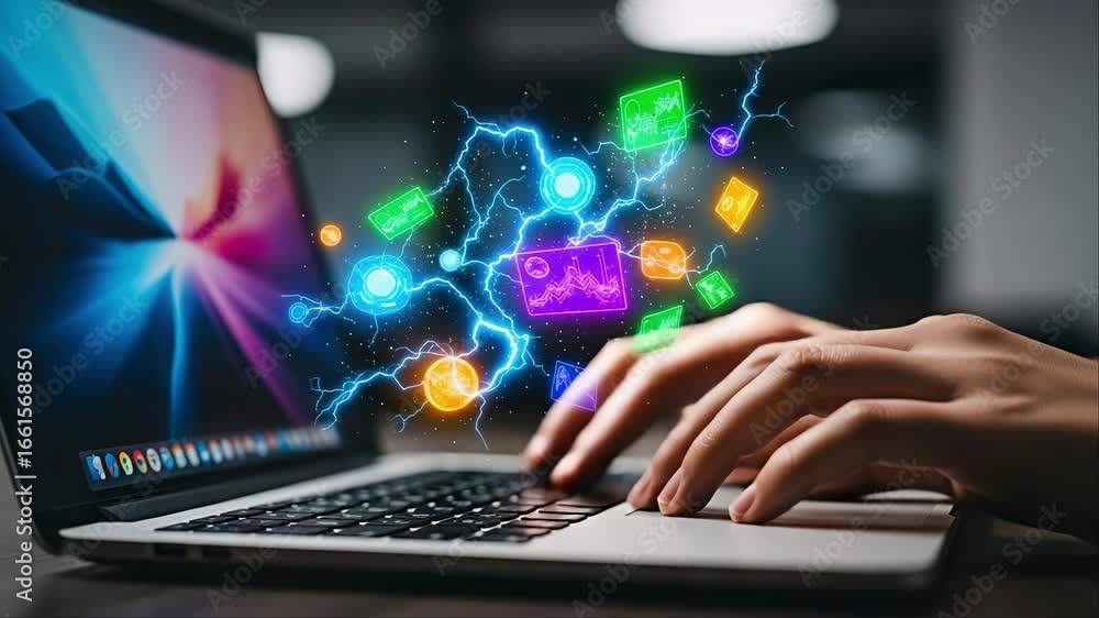 Poster a person types on a laptop, with digital data streams emerging from the screen.