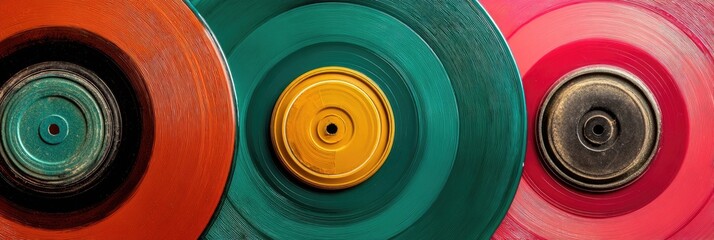 Three colorful vinyl discs in concentric circles