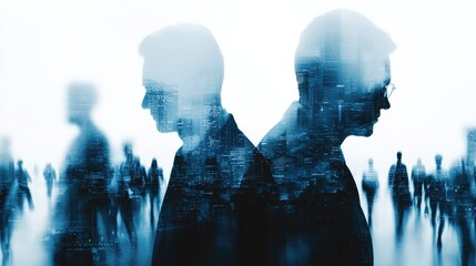 Business people and cityscape double exposure blue tone, blurry silhouettes of men in suits, modern skyscrapers white background digital art