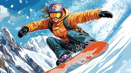 Woman snowboarding dramatic winter landscape