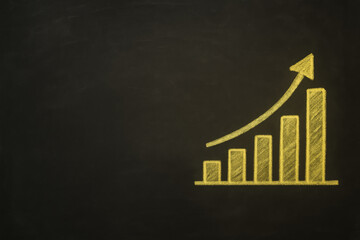 Chalk drawing of upward arrow on blackboard with copy space symbolizing growth, progress, and success. Perfect for business, education, and motivational concepts. Yellow color.
