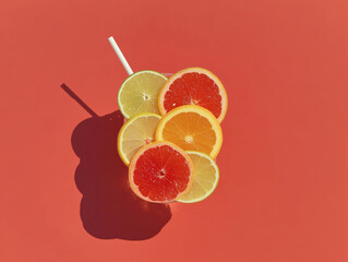 Slices of citrus fruits arranged in the shape of a lollipop on a pink background symbolizing fresh juice.