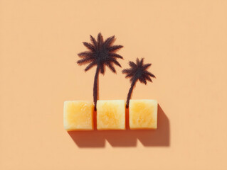 Creative tropical island design using pineapple cubes and palm tree silhouettes on a pastel background.
