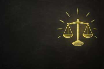 Yelllow justice scale chalk drawing on blackboard with copy space. symbolizing law, equality, and fairness. Minimal style with wide empty copy space for text or branding. Legal, business and education