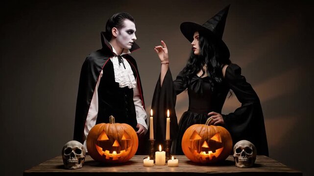 Halloween witch and vampire couple with glowing pumpkins