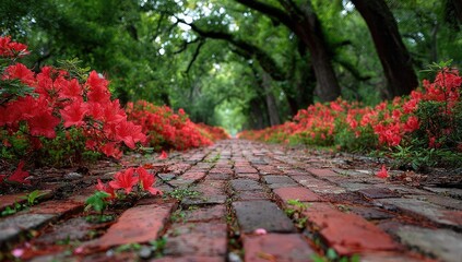 A brick path lined with vibrant red azaleas leads into a lush green canopy
