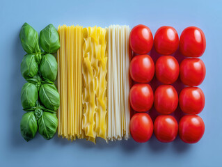 Italian flag recreated with basil, pasta, and tomatoes symbolizing traditional Italian cuisine.