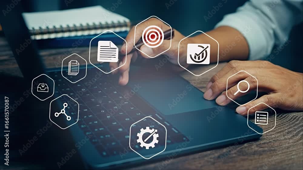 Poster business professional using laptop with digital icons representing various operations.