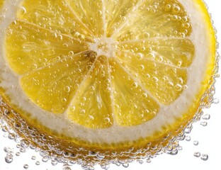 Close-up of a lemon slice in water, surrounded by bubbles