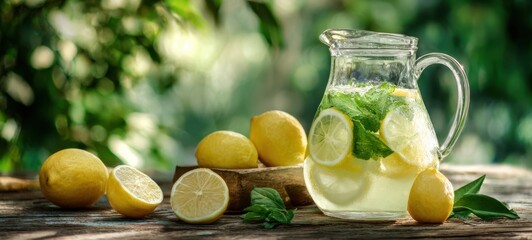 The refreshing pitcher of lemonade with mint and fresh lemons on a sunny day.