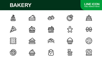 Bakery Vector Icon Set – Flat Linear Outline Collection of Cake, Bread, Croissant, Donut, Pastry, Cupcake, Rolling Pin, Minimal Modern Pack for Apps, Websites, and Print