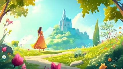 Woman walking towards castle in colorful landscape