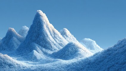 Snowy mountain range under a clear blue sky.  A digital rendering of a majestic, snow-capped mountain range stretching across the image.  Soft, fluffy snow covers the peaks and slopes.  