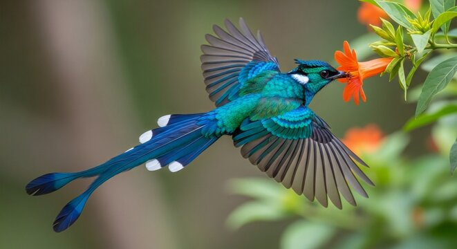 A racquet tailed hummingbird in flight feeding on a vibrant orange flower with green foliage around it - Powered by Adobe