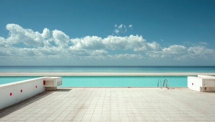 Fototapeta premium Empty pool deck overlooking turquoise sea. Vast expanse of ocean, a clear sky with cumulus clouds. A rectangular pool, light turquoise, with a concrete deck and a few red details