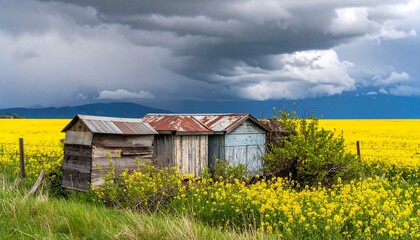 Rustic wooden sheds stand in a vibrant yellow canola field under a dramatic stormy sky.