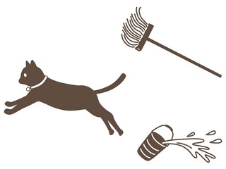 ネコが走り、バケツをひっくり返しているイラスト